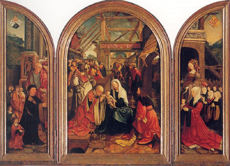 Oostsanen, Jacob Cornelisz van Tryptych with the Adoration of the Magi, Donors, and Saints